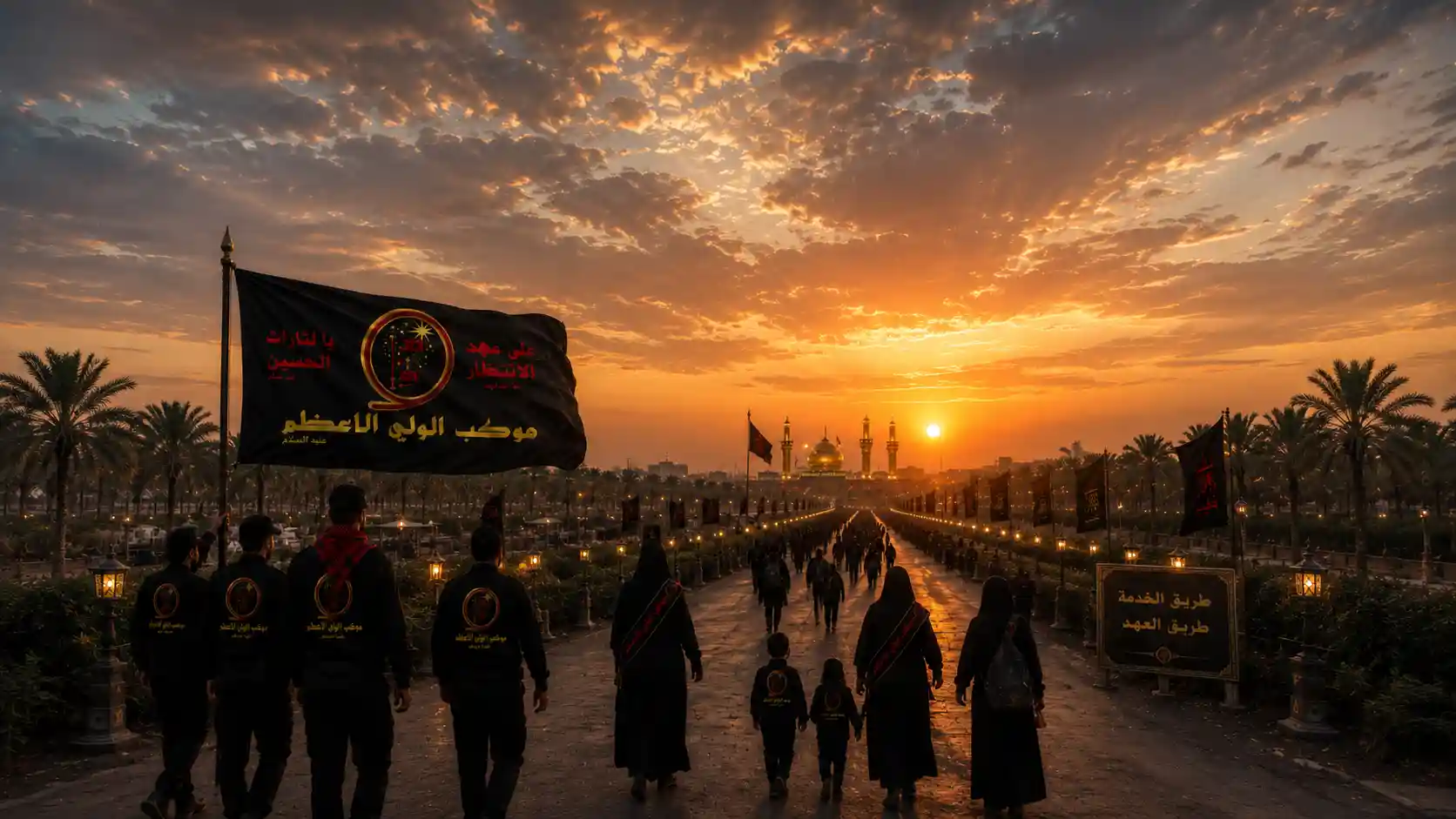 راية موكب الولي الأعظم على طريق الزائرين باتجاه الضريح والأفق