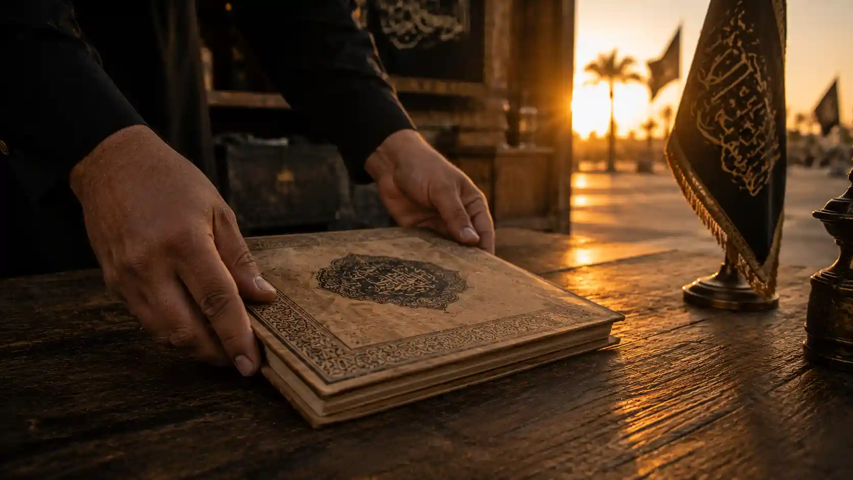 يدان تضعان مخطوطة العهد على طاولة خشبية